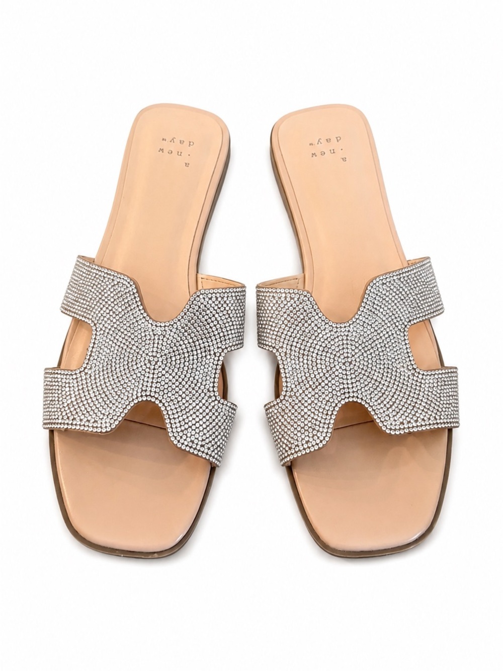 a new day Rhinestones Nude Slide Sandals with Crystal-Strap Accents in H Style
